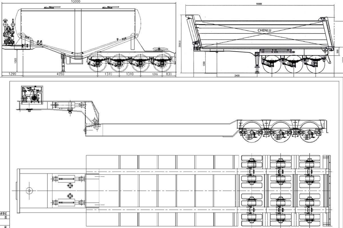 Lowboy trailer drawing and configuration diagram